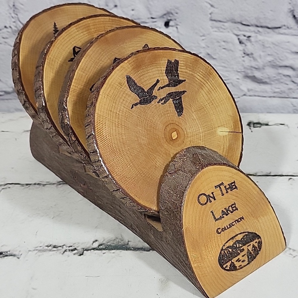 On The Lake Rustic Wooden Coasters Log Slice Burned Etched Images Rustic Set 4 - Picture 2 of 8